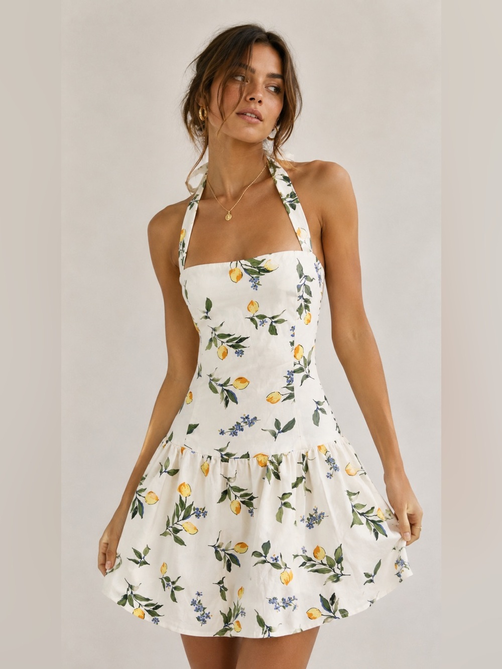 NWT Sim & Sam | L | Halterneck Lemon Print Sundress in White